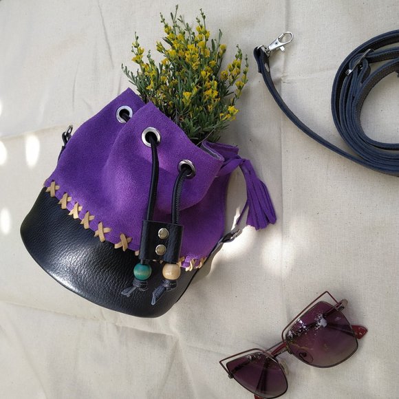 Crossbody Bucket bagLilac Leather Suede bucketLeather Bucket Bag for women main image 8